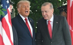 US President Donald Trump greets Turkey's President Recep Tayyip Erdogan as Erdogan arrives at the White House in Washington, DC on September 25, 2025.