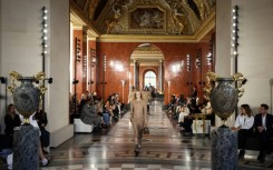 A model presents a creation by Louis Vuitton at Paris Fashion Week