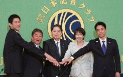 Candidates for Japan's Liberal Democratic Party (LDP) leadership include (L-R) Takayuki Kobayashi, Toshimitsu Motegi, Yoshimasa Hayashi, Sanae Takaichi and Shinjiro Koizumi