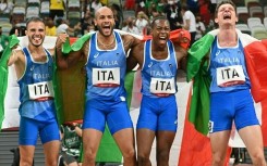 Italy's relay team Lorenzo Patta, Marcell Jacobs, Eseosa Desalu and Filippo Tortu after their 4x100m gold at the Tokyo Olympics