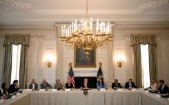 US President Donald Trump (C) had been chairing a roundtable about Antifa in the State Dining Room of the White House
