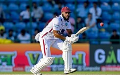 West Indies' John Campbell plays a shot during the third day of the second and final Test cricket match between India and West Indies at the Arun Jaitley Stadium in New Delhi