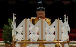 Sumo referee Kimura Shonosuke leads the ring-blessing ceremony ahead of the Grand Sumo Tournament at the Royal Albert Hall in London
