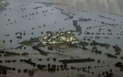 An aerial view of the flooded town of Tlacotepec in Mexico's Hidalgo state