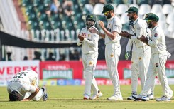 South Africa's Simon Harmer returned for his second spell to dismiss Saud Shakeel