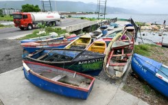 Fishing boats are tied together in preparation for the arrival of Hurricane Melissa near the fishing village of Rae Town, East Kingston, Jamaica