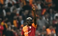 Nigeria striker Victor Osimhen celebrates scoring for Galatasaray in the 2025-26 UEFA Champions League.