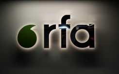 Radio Free Asia logo on its Washington headquarters, seen in March 2025