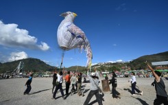 Participants celebrate after they release a hot air balloon during the Tazaungdaing Lighting Festival