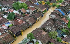 Floodwaters inundating streets and buildings following heavy rains in Hoi An on October 30, 2025