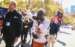 Eliud Kipchoge of Kenya sheds a tear after competing in the 2025 New York Marathon