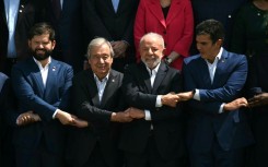 (L-R) Chile's President Gabril Boric, the Secretary-General of the United Nations, Antonio Guterres, Brazil's President Luiz Inacio Lula da Silva and the Governor of the state of Para, Helder Barbalho, attend a 'family photo'