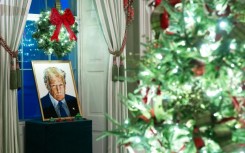 A portrait of US President Donald Trump made out of Lego is among this year's White House Christmas decorations