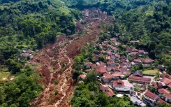 An aerial view of a landslide at Condong village in Bandung, West Java