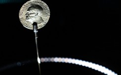The Alfred Nobel medal is seen at the exhibition "Democracy on the brink" in honour of Nobel Peace Prize laureate Maria Corina Machado at the Nobel Peace Center in Oslo