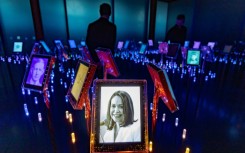 A picture of Nobel Peace Prize laureate Maria Corina Machado is seen among portraits of previous winners in the "Nobel Field" at the exhibition "Democracy on the brink" in honour of the laureate at the Nobel Peace Center in Oslo