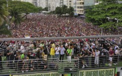 Brazilian singers (L to R) Caetano Veloso, Djavan, Chico Buarque, Gilberto Gil perform on stage during a musical protest against Congress in September
