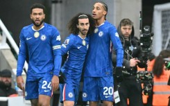Chelsea's Joao Pedro (R) celebrates after scoring against Newcastle