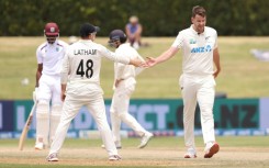 New Zealand's Jacob Duffy and Tom Latham in the Test match against West Indies at Bay Oval in Mount Maunganui, New Zealand