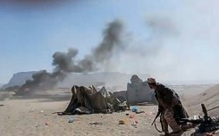 A video grab taken from images released by Aden Independent Channel (AIC TV) shows the moment a strike hits the Southern Transitional Council (STC) forces in Seiyun, in Hadramawt province
