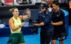 Aryna Sabalenka of Belarus celebrates in Brisbane