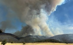 A bushfire burning in the Mount Lawson State Park, 25 kilometres west of Walwa, Victoria state