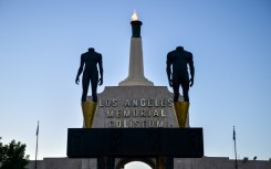 The LA28 Olympic cauldron is lit after a ceremonial lighting at the Memorial Coliseum ahead of the opening of registration for tickets to the Games