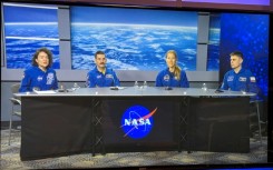 The four-member Crew-12 set to blast off to the International Space Station are (L to R) NASA astronauts Jessica Meir and Jack Hathaway, European Space Agency astronaut Sophie Adenot, and Roscosmos cosmonaut Andrey Fedyaev