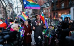 Human Rights activist Jay Walker speaks during a protest in front of the Stonewall Monument in Manhattan in New York