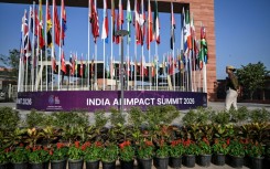 A Delhi police officer outside the venue of the 'India AI Impact Summit 2026'