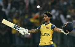 Sri Lanka's Pathum Nissanka celebrates after scoring 100 against Australia