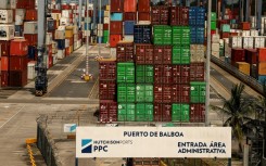 This view shows the Port of Balboa at the Pacific Ocean entrance to the Panama Canal
