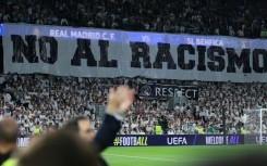 A banner against racism was hung at the Santiago Bernabeu ahead of the second leg of the Champions League clash against Benfica