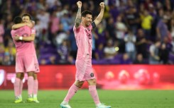 Lionel Messi celebrates after scoring Inter Miami's fourth goal in their come-from-behind 4-2 win over Orlando City in the Florida derby