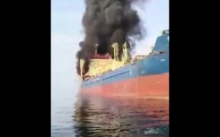 This video grab shows the Palau-flagged oil tanker Skylight, under US sanctions, engulfed in flames after being struck off the coast of Oman during the Middle East War