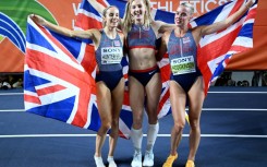 British gold medal winners, Georgia Hunter Bell (L), Molly Caudery (C) and Keely Hodgkinson