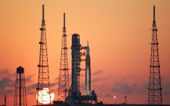 NASA's Artemis II Space Launch System (SLS) rocket and Orion spacecraft at sunrise at Launch Pad 39B at the Kennedy Space Center in Cape Canaveral, Florida