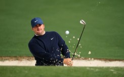 World number 11 Chris Gotterup of the United States plays a shot from a bunker on the second hole during a practice round ahead of his Masters debut at Augusta National
