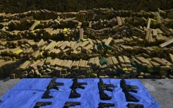 View of 48 tons of seized marijuana and weapons presented in Rio de Janeiro, Brazil