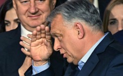 Hungary's Prime Minister Viktor Orban salutes to supporters at the Balna centre in Budapest during a general election in Hungary, on April 12, 2026