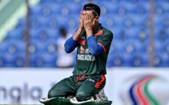 Bangladesh's Najmul Hossain Shanto celebrates after scoring his century