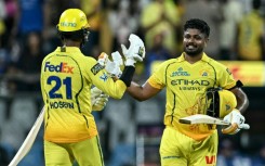Chennai Super Kings' Sanju Samson (R) brought up his century with the last ball of the innings