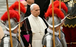 Pope Leo XIV attends the swearing-in ceremony for 28 new Swiss Guard recruits at the Paul VI audience hall in the Vatican on May 6, 2026.