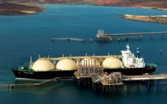 An LNG tanker berthed at the Karratha gas plant loading terminal in Western Australia.