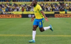 Aubrey Modiba celebrates scoring for Mamelodi Sundowns against FAR Rabat in the CAF Champions final first leg.