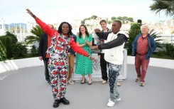 Director and screenwriter Rafiki Fariala poses with French producer Caroline Nataf, French film producer Boris Lojkine, Fariala protege Bradley Fiomona Dembeasset and Chilean Director Marco Bechis