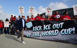 California gubernatorial candidate Tom Steyer joins Sofi Stadium workers who are threatening strike action during the World Cup if federal immigration officers are deployed at the venue