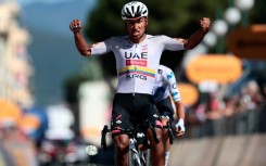Jhonatan Narvaez celebrates winning his third stage of this year's Giro d'Italia