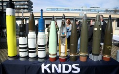 Tank and artillery shells at a KNDS media in Munich on March 19, 2026