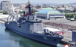 This picture released by North Korea's official KCNA news agency shows a commissioning ceremony of the new destroyer Choe Hyon at Nampo port